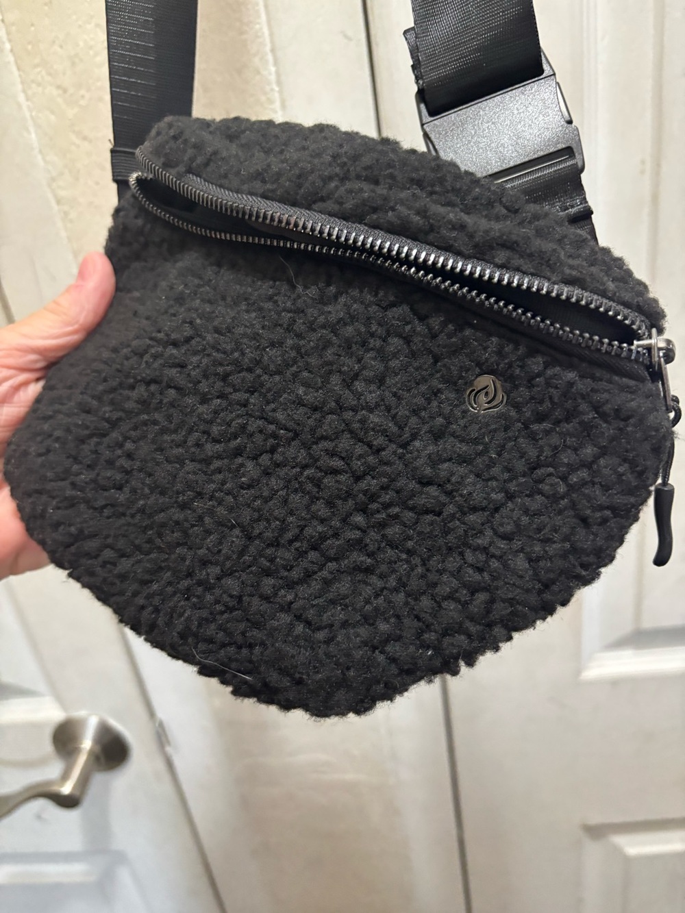 Apana Black Sherpa Crossbody Belt Bag with Logo